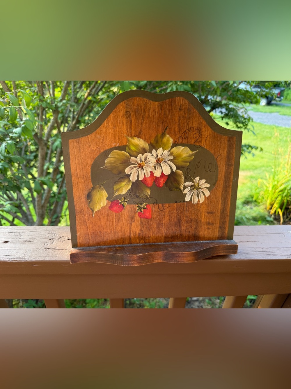 Hand-Painted Wooden Cookbook Holder with Strawberries & Daisies